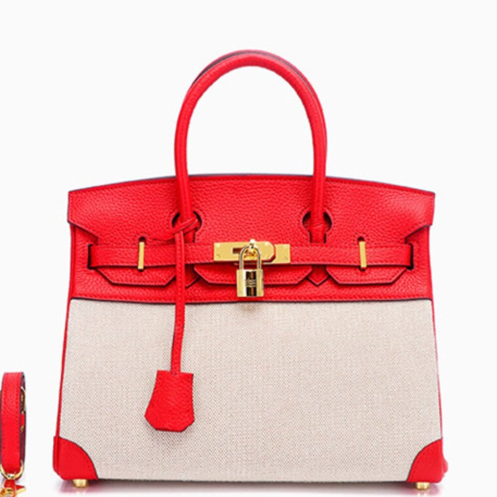 Luxury-Genuine Togo Leather/Canvas Designer Shoulder Bag (Bright Red)